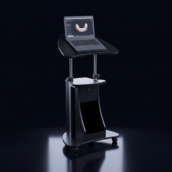 Ori Lift Cart, black height-adjustable rolling laptop cart with a laptop showing a 3D dental scan