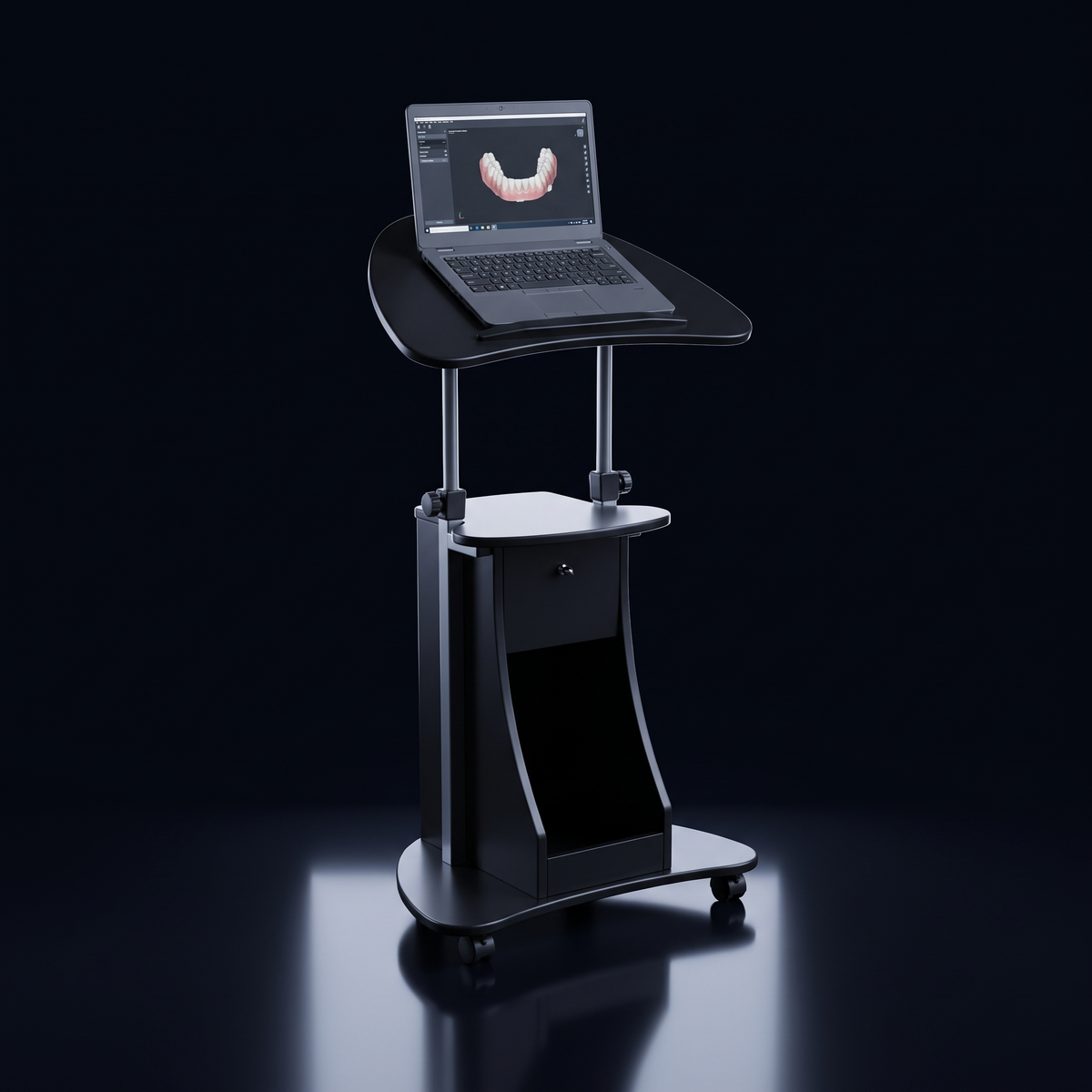 Ori Lift Cart, black height-adjustable rolling laptop cart with a laptop showing a 3D dental scan
