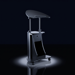 Ori Lift Cart, black rolling laptop cart with tilting top, closed cabinet and open shelf