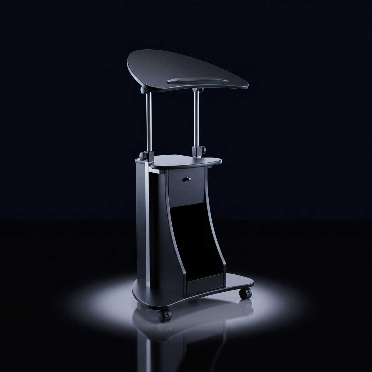 Ori Lift Cart, black rolling laptop cart with tilting top, closed cabinet and open shelf